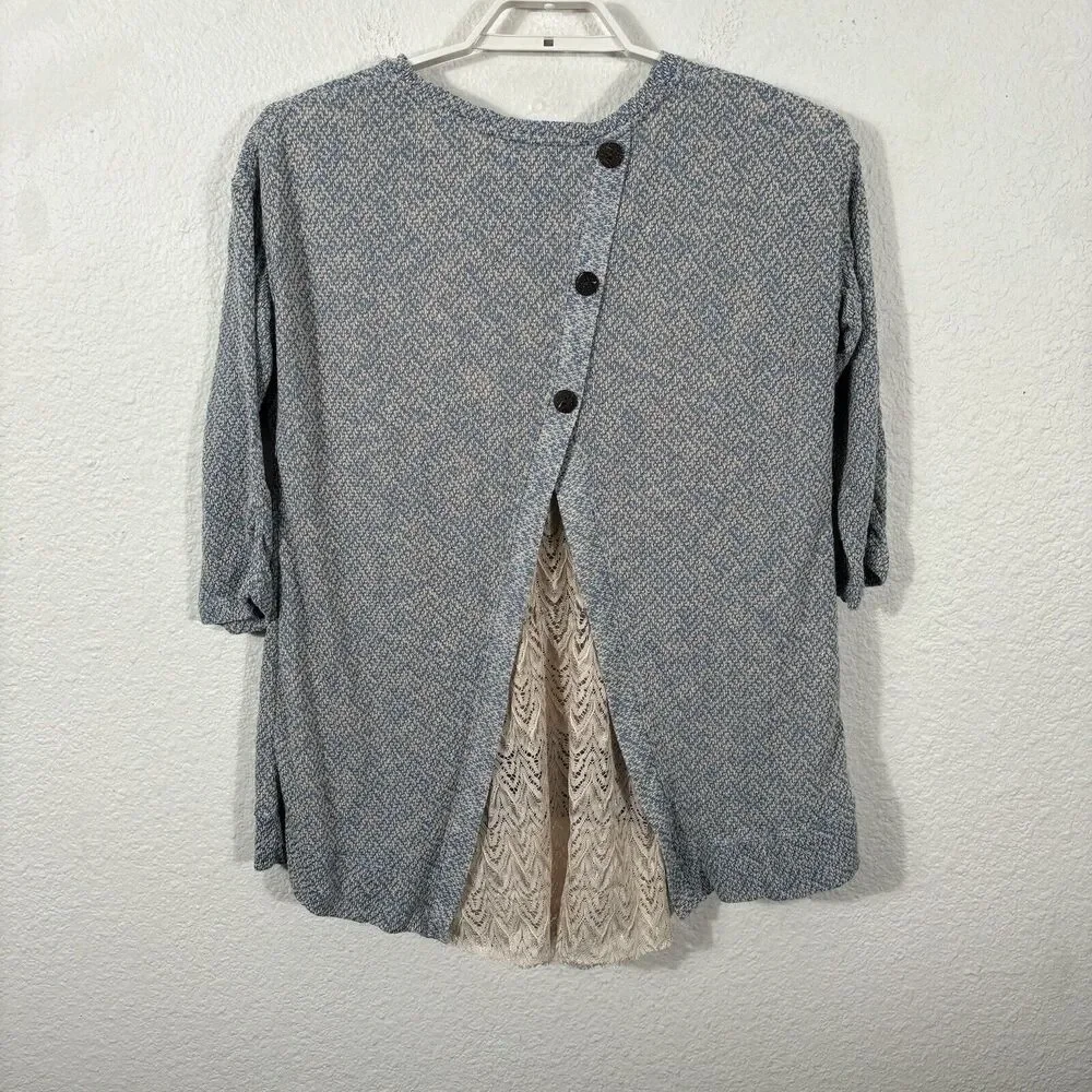 Ali Miles‎ Top Size M Knit Blue Beige 3/4 Sleeve Lagenlook Lace Accents